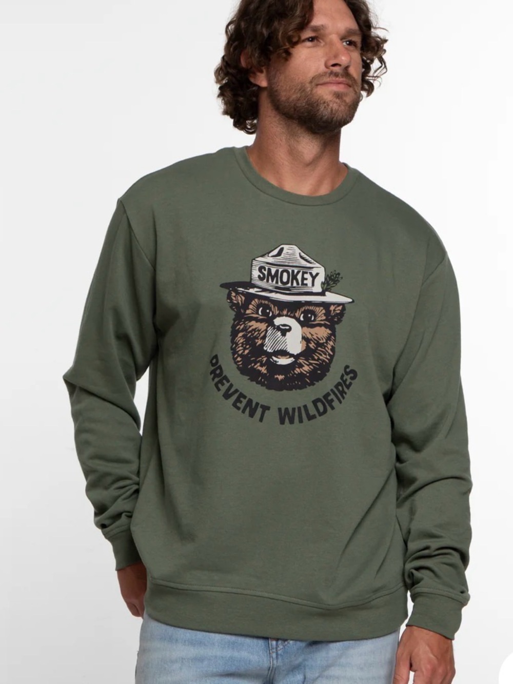 NWT Smokey Bear 'Prevent Wildfires' Olive Green Crewneck Sweatshirt